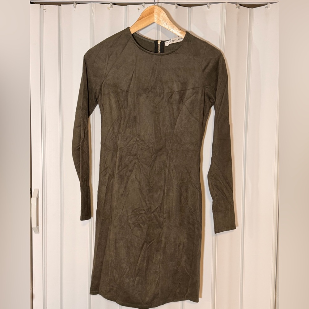 Long-Sleeve Olive Green Suede-Effect Bodycon Dress